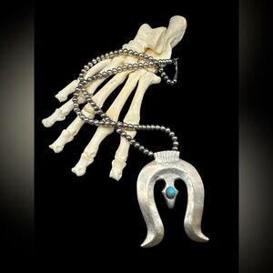 Vintage Sterling Silver Navajo Sandcast Turquoise Naja Necklace Navajo Beads 24”